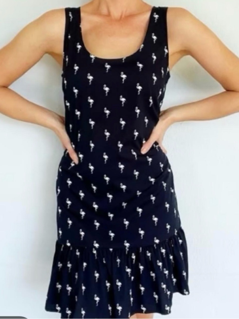 Banana Republic Black Sleeveless Flamingo-Print Ruffle Hem Dress
